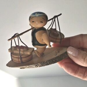 Kokeshi Fisherman Doll Bobblehead Nodder Signed Vintage Japan